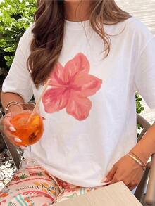 Large Pink Flower Symbolizing Energy, Joy, And New Beginnings, Conveying Natural Freshness, Ideal For Sunny Days And Relaxed Moments. Modern Casual Women's T-Shirt - 白色 - 查看 1