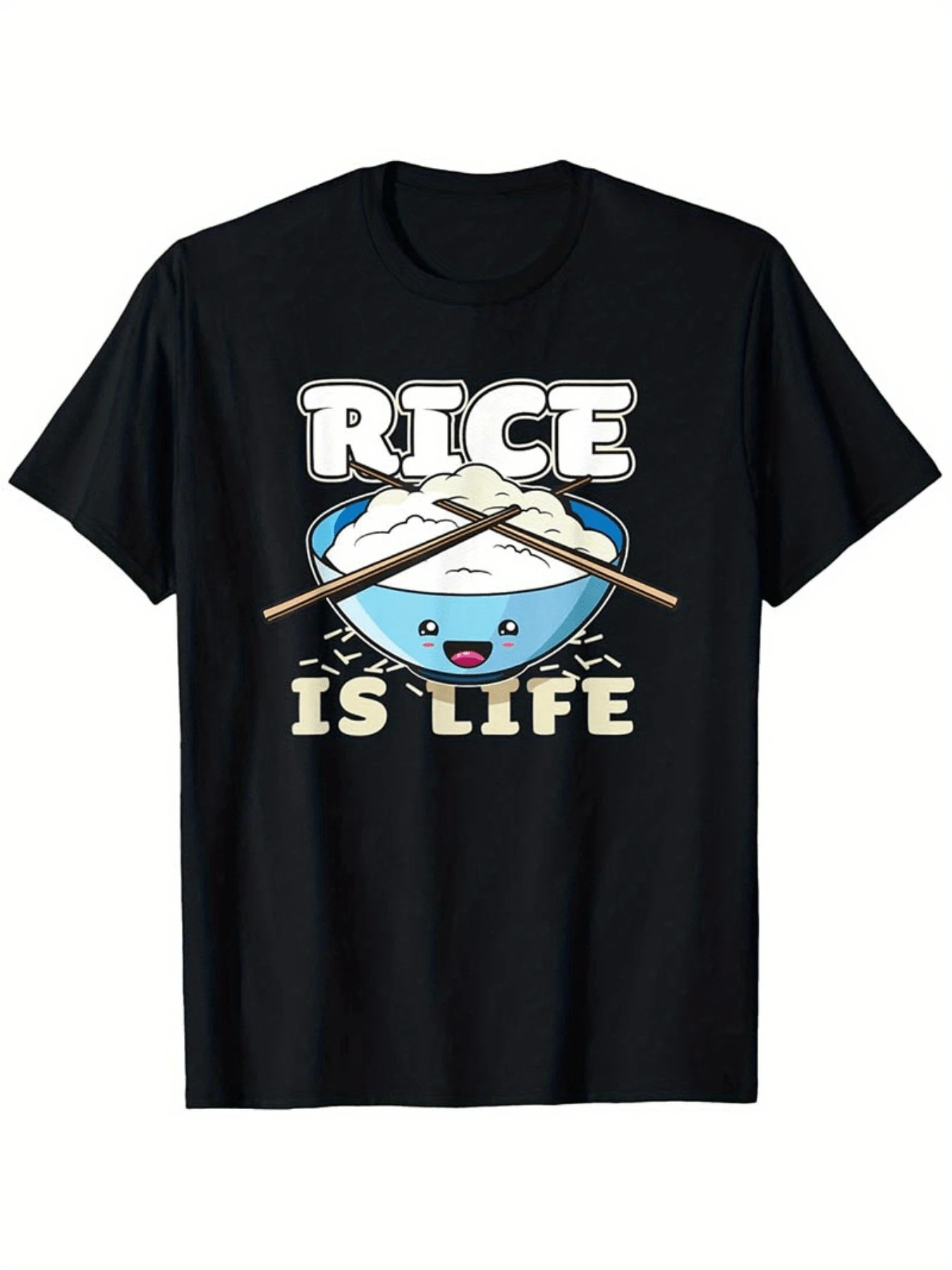 A Cheerful Bowl Of Rice With Crossed Chopsticks Symbolizes Happiness, Energy, And Love For Asian Food, Accompanied By Playful Text That Conveys A Passion For Simplicity. A Comfortable And Modern Casual Women's T-Shirt. - 黑色 - 查看 1