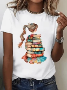 A Girl With Her Hair Up Holds Colorful Books, Symbolizing A Love Of Reading And The Constant Pursuit Of Knowledge. This Modern, Casual Women's T-Shirt Is Ideal For Those Who Enjoy Literary Creativity. - 白色 - 查看 1