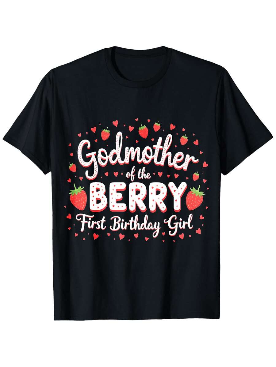 Funny Birthday Gift T-Shirt For Godmother, For Women And Men - Strawberry Themed Godmother Outfit, Loose Fit Crew Neck T-Shirt, Sizes S-XXXL, Machine Washable, Ideal For Adult Birthday Parties And Gifts For Godmothers - 黑色 - 查看 1