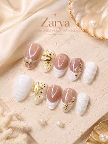 10pcs Handmade Almond Press On Nails, Nude White Gold Glossy Fake Nails With Pearl, Star Charm & Elegant 3D Nail Art For Women Including Nail Art Tools(1 Sheets Stickers+1PC Nail File),Suitable Daily, Casual, Wedding,Holiday Wear, Best Women And Girls - A08 - 查看 5