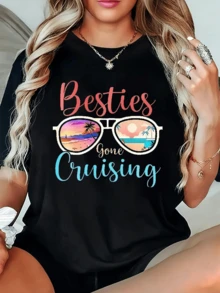 Gafas reflejando un paisaje tropical con palmeras mar azulado y atardecer simbolizando amistad y libertad camiseta de mujer casual cómoda para verano y vacaciones - Negro - Ver 6