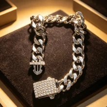1 chiếc vòng tay thời trang nam, kiểu dáng hip hop, đính đá Cubic Zirconia, dạng mắt xích Cuban, thích hợp để đeo hàng ngày. - Bạc - Xem 6