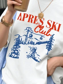 Mountain Landscape With Skier Under A Cable Car Among Snow-Covered Pines And Red Lettering Evoking An Adventurous Alpine Club; Modern Casual Women's Short-Sleeved T-Shirt, Comfortable For Everyday Wear - 白色 - 查看 6