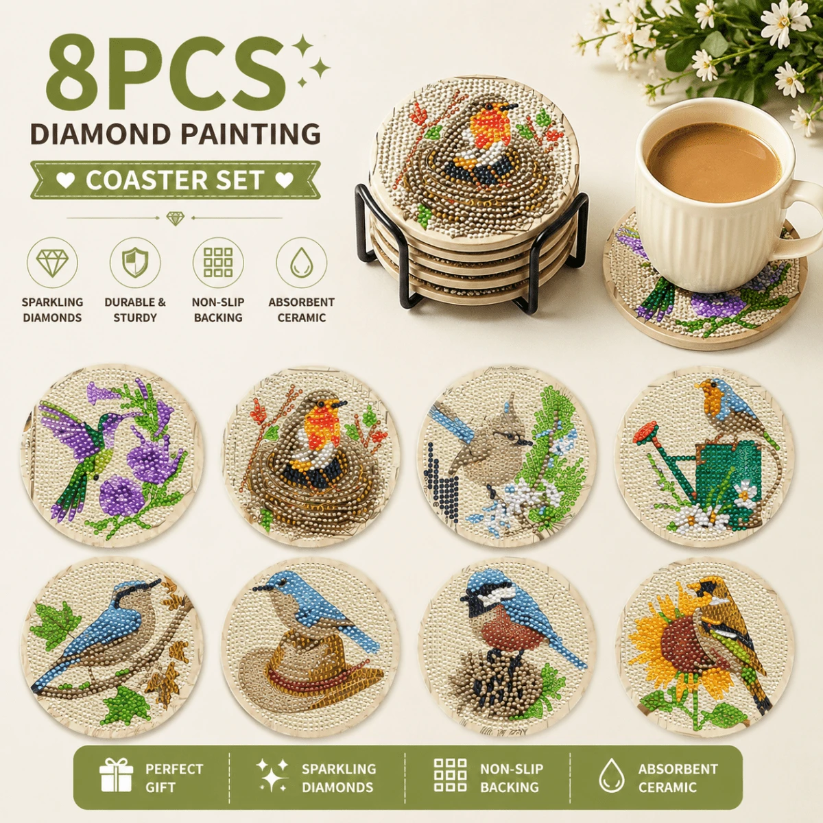 8件套DIY钻石画杯垫套装 - 小鸟图案，圆形闪亮钻石，强力背胶，全套工具，适合初学者，减压手工，新年、情人节、圣诞节、教师节礼物，家居装饰杯垫，送给家人、朋友、女朋友、老师