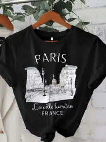 Paris Cityscape With Elegant Streets, Classic Buildings, Bright Streetlights, And A Romantic Atmosphere That Evokes The Essence Of The City Of Lights. Modern, Casual, Comfortable, And Attractive Women's T-Shirt - 黑色 - 查看 8