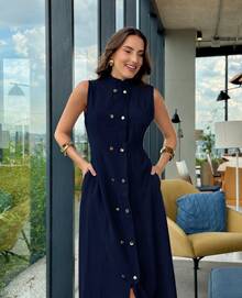 Formal Long Dress With Slit, For Parties, Weddings, Buttons, Pockets, High Neck, Tailored, Sensual, Stylish, Blogger-Style 01 - 藍色的 - 查看 2