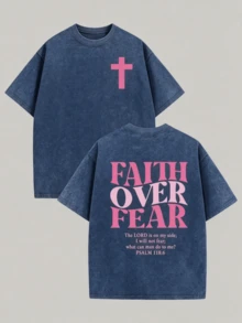 Psalm 118:6 Faith Over Fear Shirt Pink Cross Graphic Vintage Washed Christian Streetwear Church Outfit, Womens Washed T-Shirt,Vacation Outfits Women - 藍色 - 查看 1