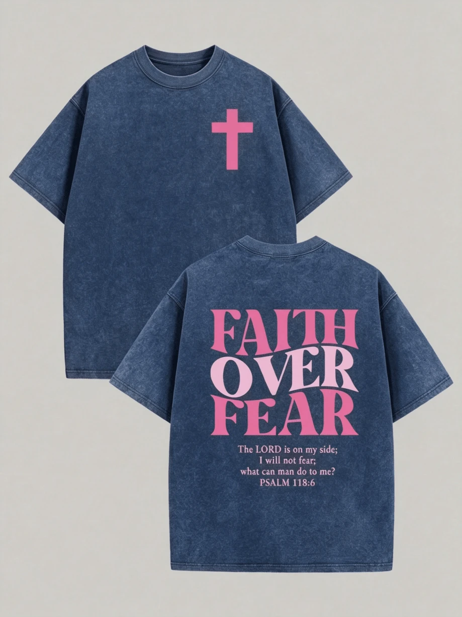 Psalm 118:6 Faith Over Fear Shirt Pink Cross Graphic Vintage Washed Christian Streetwear Church Outfit, Womens Washed T-Shirt,Vacation Outfits Women - 藍色 - 查看 1