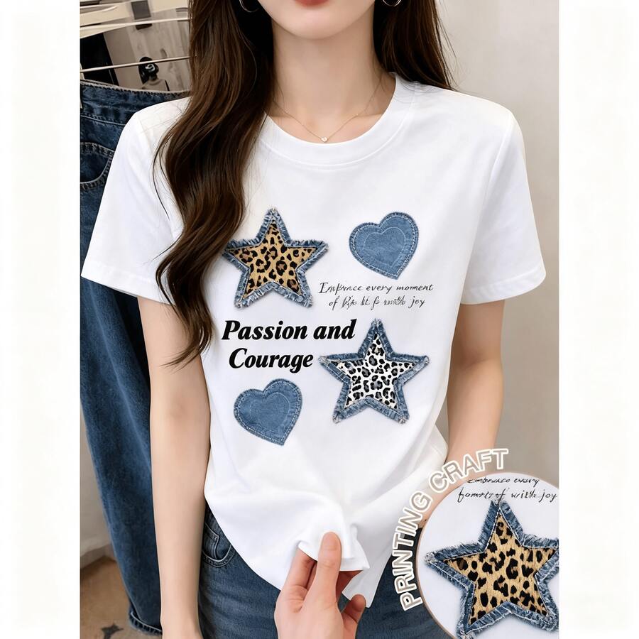 Elegant White Cotton T-Shirt For Women With Unique Print Of Cheetah, Stars And Hearts, Regular Sleeve, Round Neck, Regular Length. - 白色 - 查看 1