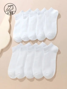 1/5/8/10/12 pares de calcetines cortos de unicolor unisex, primavera/verano - Blanco - Ver 10