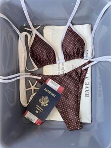 Bộ đồ bơi mùa hè dành cho nữ, áo hai dây chấm bi kết hợp với quần bikini buộc dây phía trước, bộ bikini kiểu dáng ngọt ngào dành cho bé gái. - cà phê - Xem 2