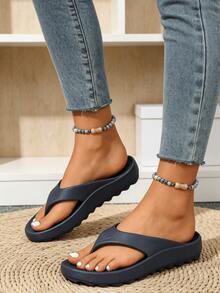 Unisex Flip Flops With Arch Support, Solid Color Beach/Home Slippers, Suitable For Spring, Summer, Autumn - Navy Blue - View 6