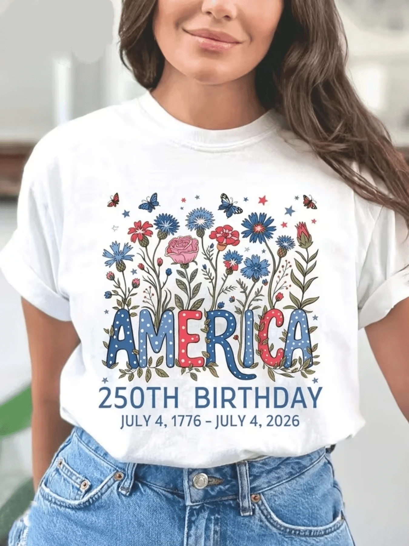 Colorful Flowers Symbolizing Unity And Freedom With Butterflies Celebrating The Spirit Of America And The Hope For The Future; Comfortable Women's T-Shirt For Modern Patriotic Celebration - White - View 1