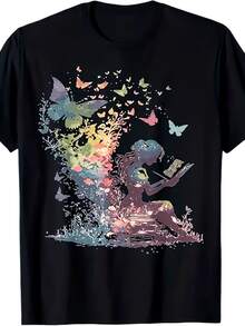 T-Shirt With Watercolor Butterfly Fairy Reading Books, Adult Reading Material, Lightweight And Breathable, Unisex, 100% Cotton, Round Neck With Cuffs, Suitable For Summer Outings, Casual Style For Everyday Wear, Outdoor Activity T-Shirt, Machine Washable, 180g 100% Cotton. - 黑色 - 查看 2