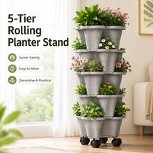 5-Tier Stackable Vertical Planter, Garden Flower Pot For Strawberry, Herb, Flower And Vegetable, Indoor Outdoor Gardening Pot With Removable Wheels And Tools - B - View 6