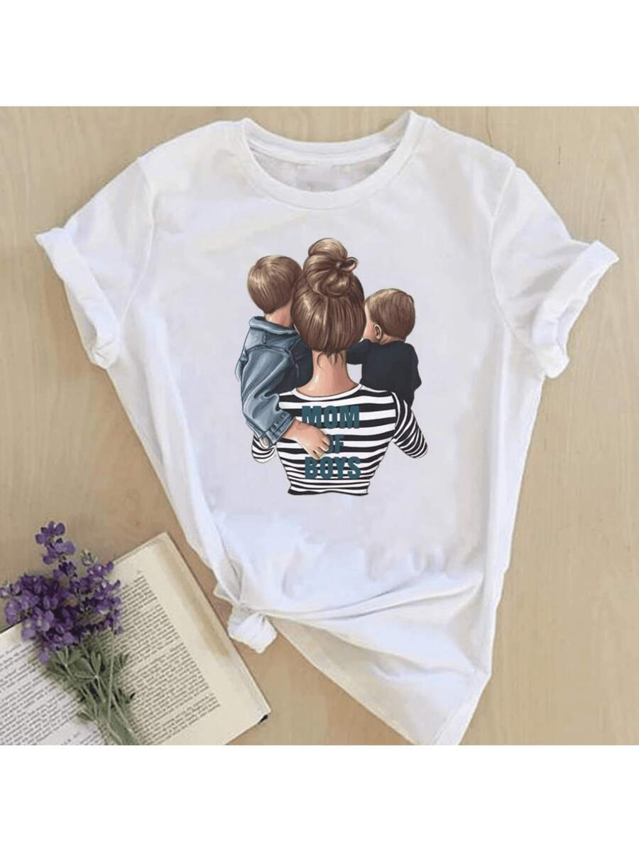 A Loving Mother Embracing Her Two Children Conveys Family Unity, Tenderness, And Inner Strength, Reflecting The Unbreakable Bond Between Mother And Children Through Simple And Warm Gestures. Casual Women's T-Shirt With Modern Artistic Print - 白色 - 查看 1