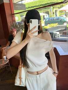 女士纯色不对称领休闲T恤 白色 夏季 - 白色 - 查看 2