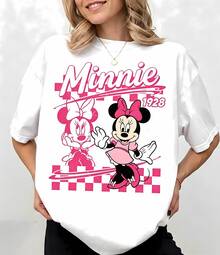 Disney Minnie Mouse Retro 1928 Checkered T-Shirt Tops De Mujer, Vintage Pink Minnie Two-Style Graphic Tee, Casual Cotton Short Sleeve, Summer Tops For Women, Vacation Outfits Women, Cute Summer Outfits For Women - trắng - Xem 1