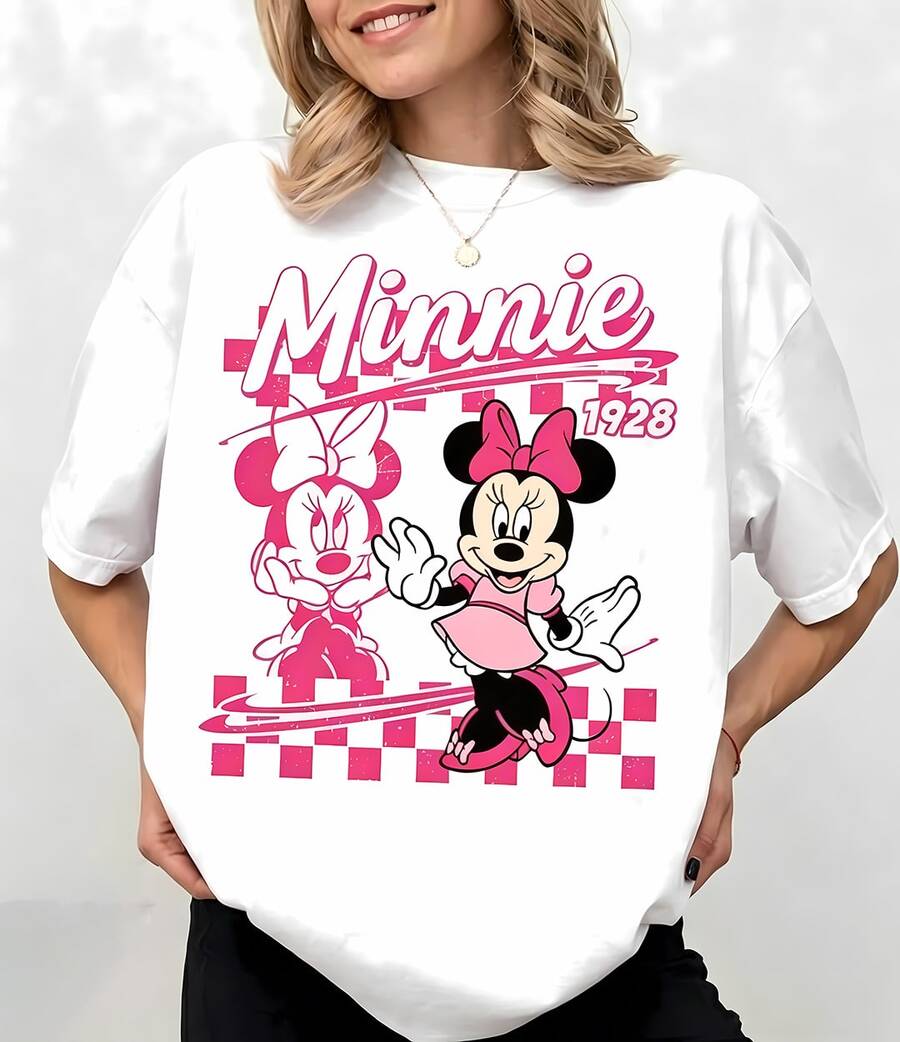 Disney Minnie Mouse Retro 1928 Checkered T-Shirt Tops De Mujer, Vintage Pink Minnie Two-Style Graphic Tee, Casual Cotton Short Sleeve, Summer Tops For Women, Vacation Outfits Women, Cute Summer Outfits For Women - trắng - Xem 1