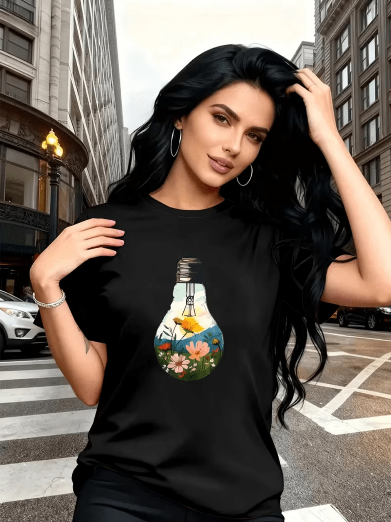 Flowers Inside A Light Bulb Symbolizing The Rebirth Of Nature And The Connection Between Light, Energy, And Life, Conveying Calm And Hope. A Modern, Casual Women's T-Shirt For Everyday Wear. - 黑色 - 查看 1