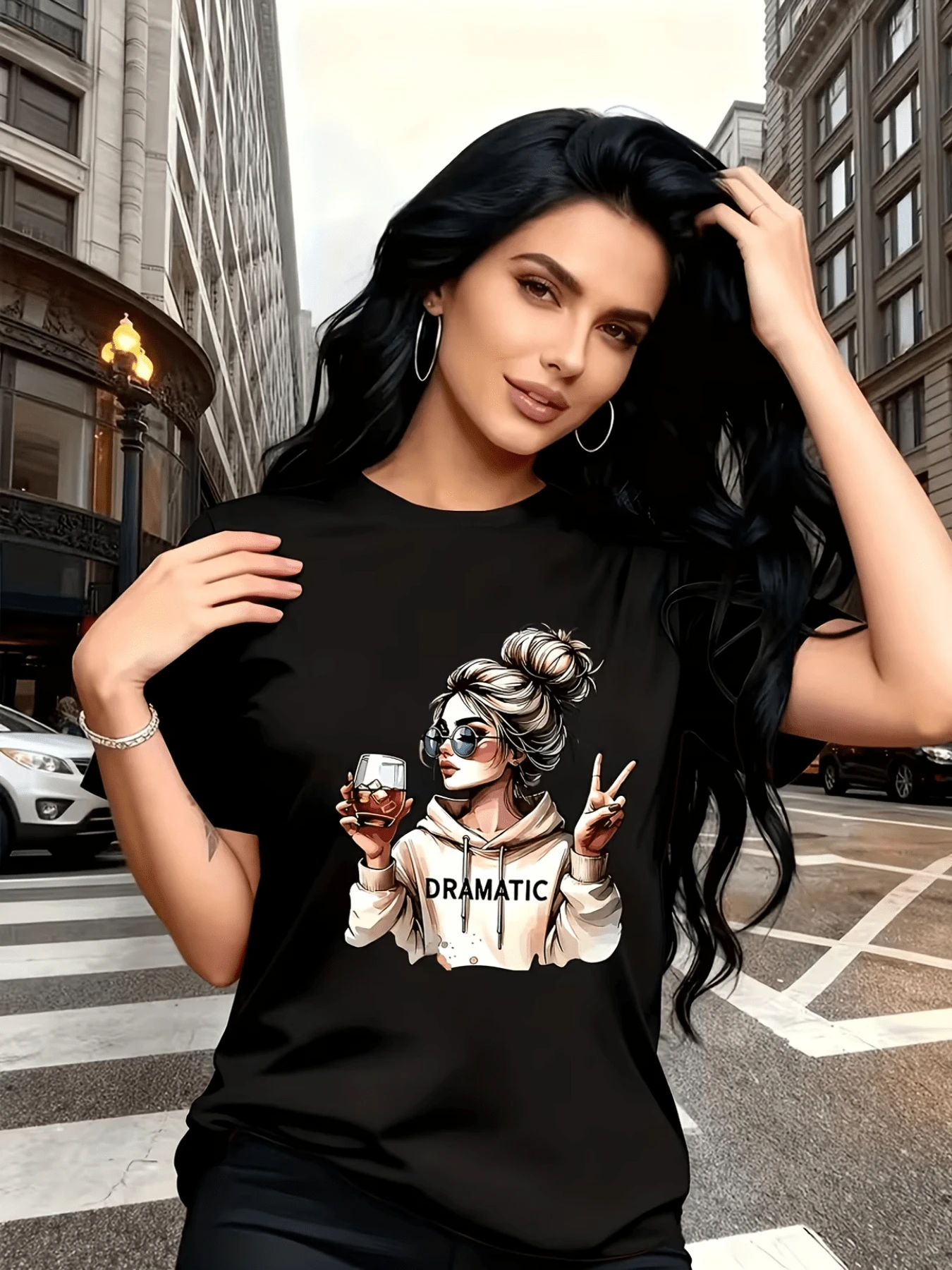 Girl With Hair Up Holds A Glass And Makes A Peace Sign Representing A Free Attitude, Relaxed Humor, Modern Confidence And Contemporary Elegance. Comfortable Urban Casual Women's T-Shirt For Everyday Wear. - 黑色 - 查看 1