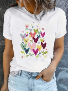 Multicolored Hearts Blooming, Symbolizing Love, Hope, And Positive Energy In Each Petal, Creating A Garden Of Vibrant Feelings. A Modern And Comfortable Casual Women's T-Shirt For Everyday Wear. - 白色 - 查看 1