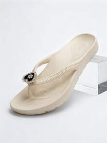 Unisex Flip Flops With Arch Support, Solid Color Beach/Home Slippers, Suitable For Spring, Summer, Autumn - White - Heart-shaped Shoe Flowers - View 9