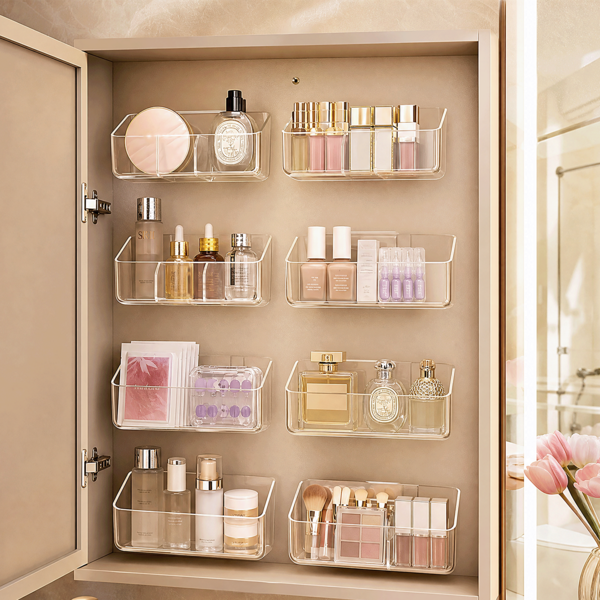 1pc Bathroom Mirror Cabinet Storage Box, Plastic Transparent Material, Wall Mounted Self-Adhesive, Oblique Opening, Expandable Space, 2 Styles (Blank / 3-Grid), For Cosmetics, Skincare, Lipstick, Makeup Tools, Bathroom Organizer