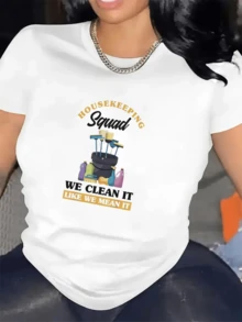 The Garment Depicts A Cleaning Crew With Colorful Products, Brushes, Gloves, And A Motivational Message About Working Diligently. It's A Comfortable, Casual Women's T-Shirt For Everyday Wear. - 白色 - 查看 1
