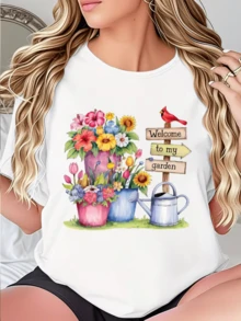 Colorful Potted Flowers Next To A Silver Watering Can And A Sign With The Phrase "Welcome To My Garden" Evoking Peace, Nature, Love For Plants And Everyday Joy. Comfortable Casual Women's T-Shirt For Daily Wear - 白色 - 查看 8