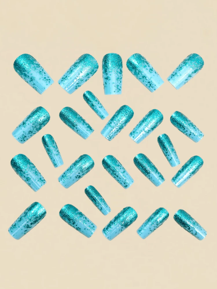 24pcs Blue Gradient Glitter Nail Tips, Rectangular Pressed-On Fake Nails, Y2K Style Nail Art Supplies - Mint Blue - View 3