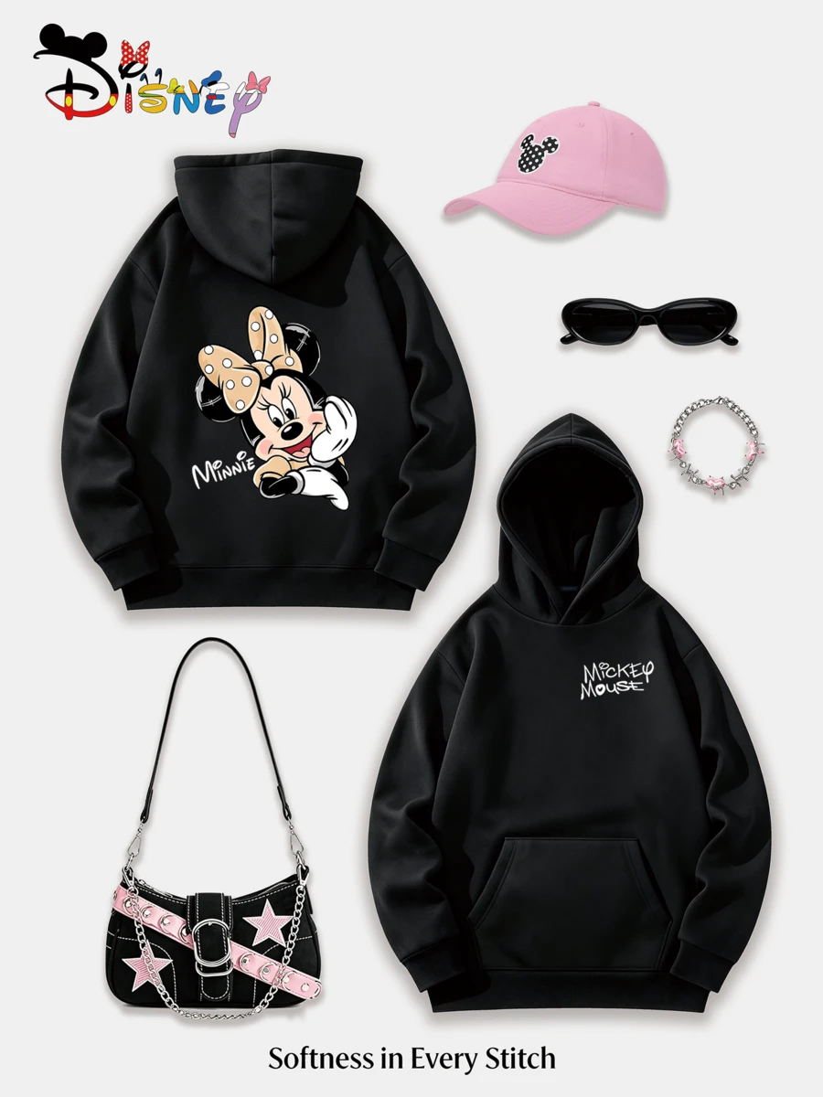 Disney Black Hoodie With A Playful Minnie Mouse Cartoon Print. A Casual, Versatile, And Elegant Style, Perfect For Everyday Wear At Home, Shopping, Or Dates. Full Of Chic Vibes. (Women's Autumn/Winter Clothing/Elegant Women's Outfits/Patterned Hoodies/Printed Tops/Casual Outfits For Women/Women Trending Now/Holiday Co-Ord/Plus Size Friendly) - màu đen - Xem 1