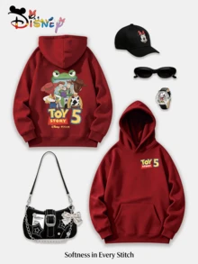 This Y2K Burgundy Hoodie Features A Retro Disney Toy Story Character Print. The Relaxed Fit Is Youthful And Flattering, Perfect For Everyday Wear, Commuting To School, Or Theme Park Outfits. (Women's Autumn/Winter Clothing/Elegant Women's Outfits/Patterned Hoodies/Printed Tops/Casual Outfits For Women/Women Trending Now/Holiday Co-Ord) - Đỏ - Xem 1