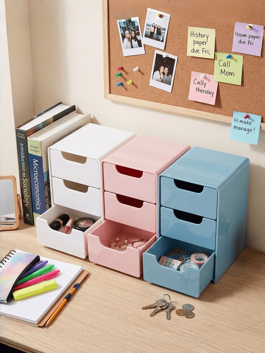 Mini 3-Tier Drawer Storage Box Multifunctional And Durable Cosmetic Storage Box For Use Office Study Bedroom School Desktop Stationery Storage Box Summer Bedroom Decor Back To School Essential Storage For Dormitory Student Miscellaneous