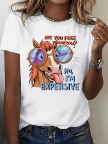 Funny Horse With Big Glasses Reflects A Confident And Cheerful Attitude With A Touch Of Modern Humor. Casual Women's T-Shirt With An Attractive Print And Original Message For An Authentic Look. - 白色 - 查看 1