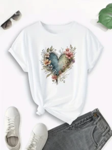 A Blue Heart Surrounded By Colorful Flowers Symbolizing Love, Serenity, And Hope, With Natural Details That Evoke Harmony And Beauty. A Modern And Comfortable Casual Women's T-Shirt. - 白色 - 查看 1