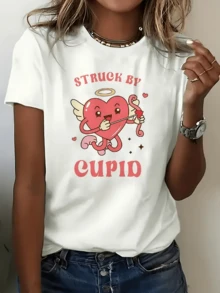 Corazón alado con arco y flecha que simboliza el poder del amor y la alegría romántica con detalles tiernos ideales para transmitir afecto camiseta de mujer casual moderna cómoda para uso diario - Blanco - Ver 6