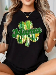 Bright Green Clover Symbolizing Good Luck And Family Connection With The Word Mama In The Center Highlighting Love And Unity. Comfortable, Modern Casual Women's T-Shirt For Everyday Wear. - Black - View 6