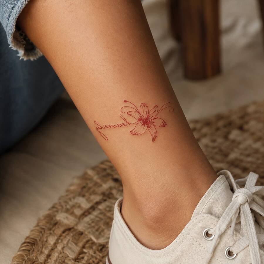 1pc Waterproof & Smudge-Proof Tattoo Sticker, PVC Faux Lily Flower Temporary Tattoo Suitable For Daily Use By Men & Women - Red - View 1