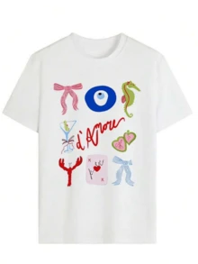 Blue Eye Symbolizing Protection Against Negativity With The Phrase "D'amore" In Red, Joining Green Hearts, Ribbons, And Letters That Express Luck And Tenderness. Modern And Creative Casual Women's T-Shirt - White - View 8