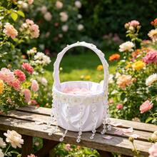 Wedding Flower Girl Baskets With Pearl Decor White Bow Flower Baskets For Wedding Ceremony - Off White - View 2