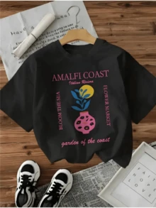 Colorful Flowers Blooming By The Sea Evoke The Coastal Market And The Calm Of The Italian Shore, Showcasing Natural Vitality And Mediterranean Charm. Comfortable Casual Women's T-Shirt For Everyday Wear. - 黑色 - 查看 6