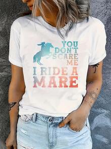 Image Of A Woman Riding A Horse Symbolizing Strength, Freedom And Courage In The Face Of Challenges. Modern Casual Women's T-Shirt Ideal For Lovers Of The Countryside And Horse Riding. - 白色 - 查看 6