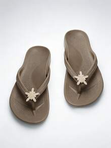 Unisex Flip Flops With Arch Support, Solid Color Beach/Home Slippers, Suitable For Spring, Summer, Autumn - Brown-star Shoe Flower - View 10
