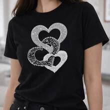 Women's T-Shirt With Intertwined Hearts Print, Textured Glitter Effect, Glam Chic Style, Simulated Rhinestone Details - Black - View 10