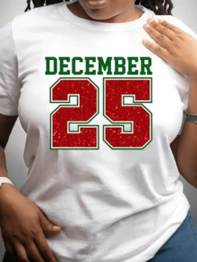 Bright Red Number 25 With Green Lettering That Evokes The Festive Magic And Joy Of Christmas Day. Modern And Comfortable Women's T-Shirt For Winter Celebrations. - 白色 - 查看 6