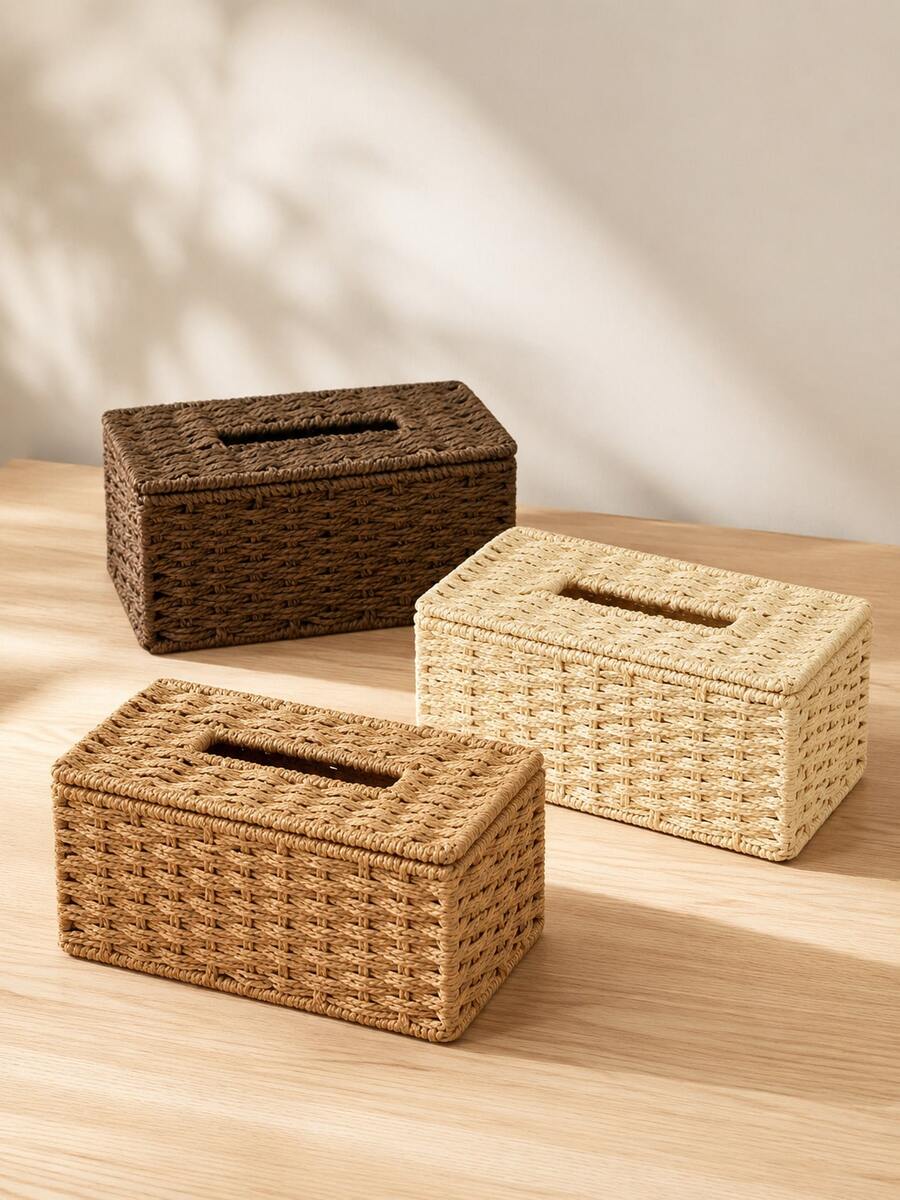 1pc Handwoven Rectangular Tissue Box - Minimalist And Boho Style Decorative Storage Box, Suitable For Bathroom Cabinet, Bedside Table, Living Room Coffee Table, Bookshelf, Home Office Desk And Hotel Lobby, Vintage Weaving Design, Multi-Color Options, Great For Kitchen Counter, Dining Table And Entryway Console Storage