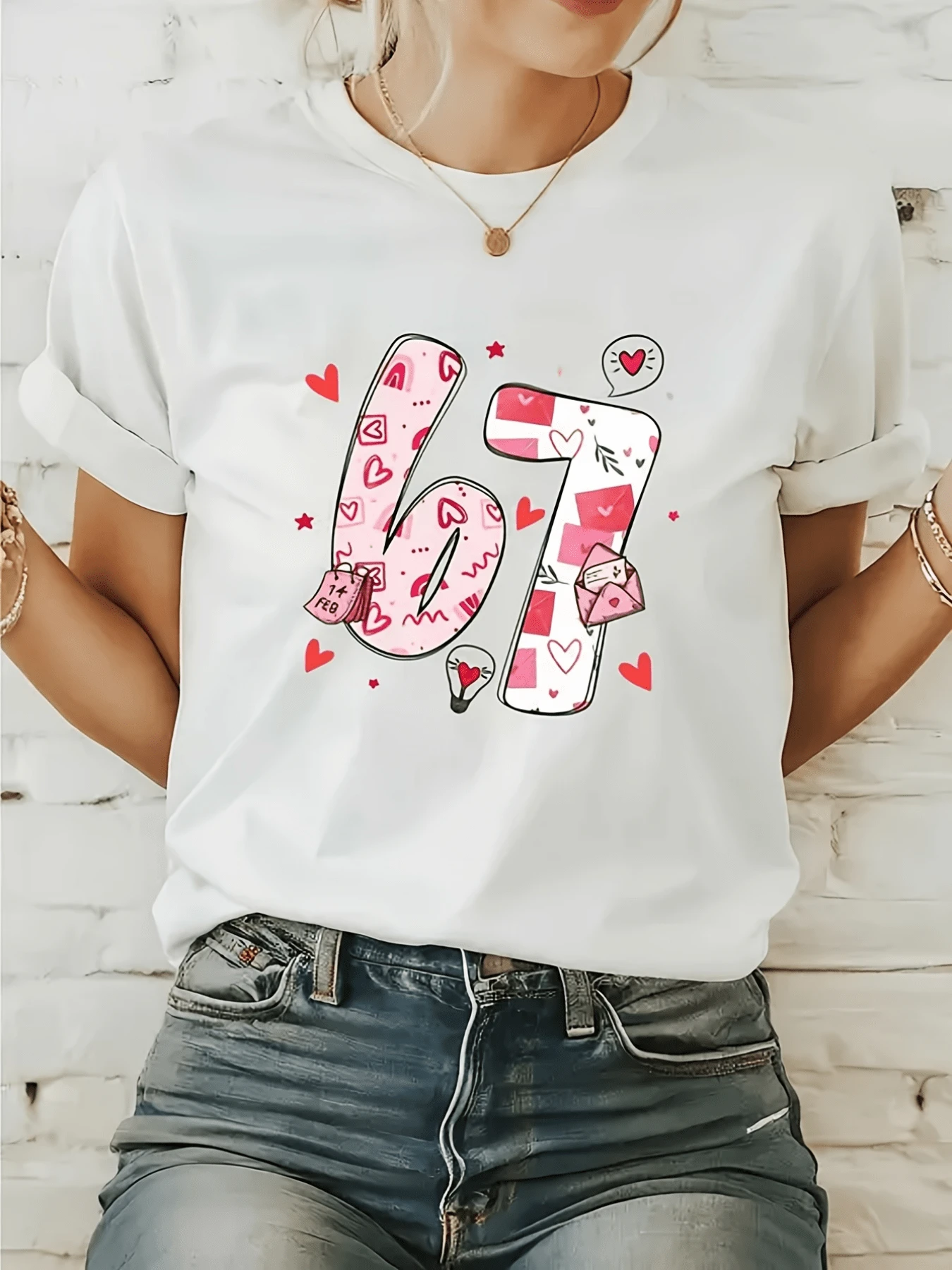 Corazones y formas rosadas que expresan ternura y cariño recordando el día del amor con letras grandes alegres y detalles románticos camiseta de mujer casual moderna cómoda para uso diario - Blanco - Ver 1