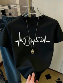 Graphic Combining A Pulse Line With A Baseball And A Heart Symbolizing Passion And Energy For Sport And Life. Women's Casual Modern Comfortable T-Shirt For Everyday Wear - 黑色 - 查看 8
